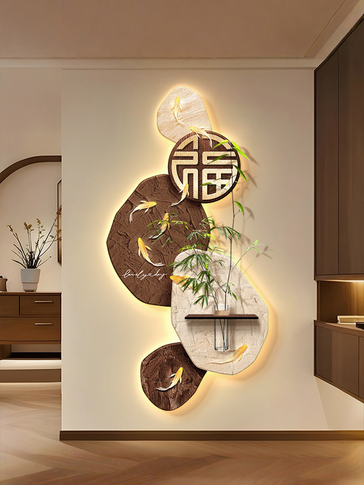 中古风九鱼图装饰画玄关造景正对门入户画轻奢高级感走廊过道挂画图片