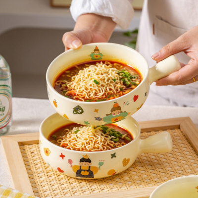 陶瓷带盖泡面碗家用带手柄2025新款大容量面碗高颜值个人专用饭碗