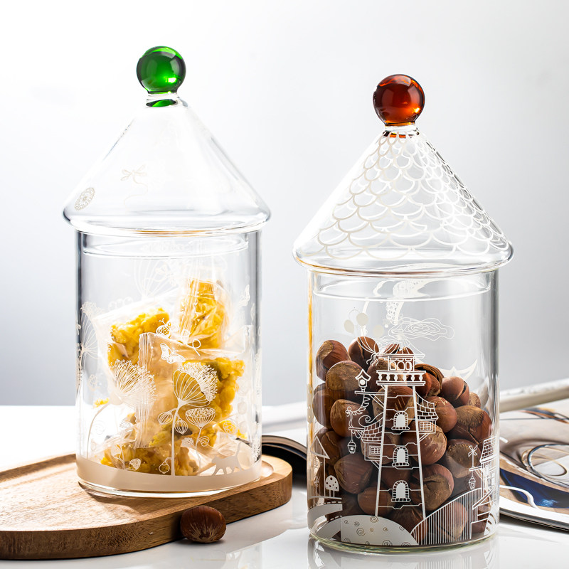 北欧风格透明玻璃印花储物罐桌面装饰阳光罐玻璃瓶家用零食饼干罐