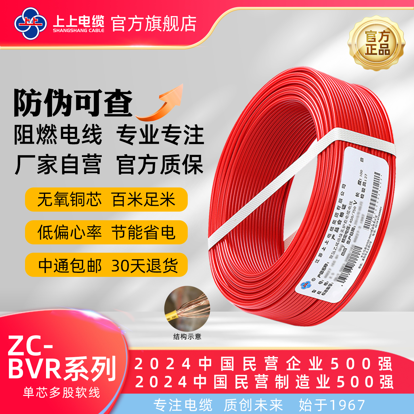 上上电缆ZC-BVR1.5/2.5/4/6平方 无氧铜芯 阻燃单芯多股照明软线