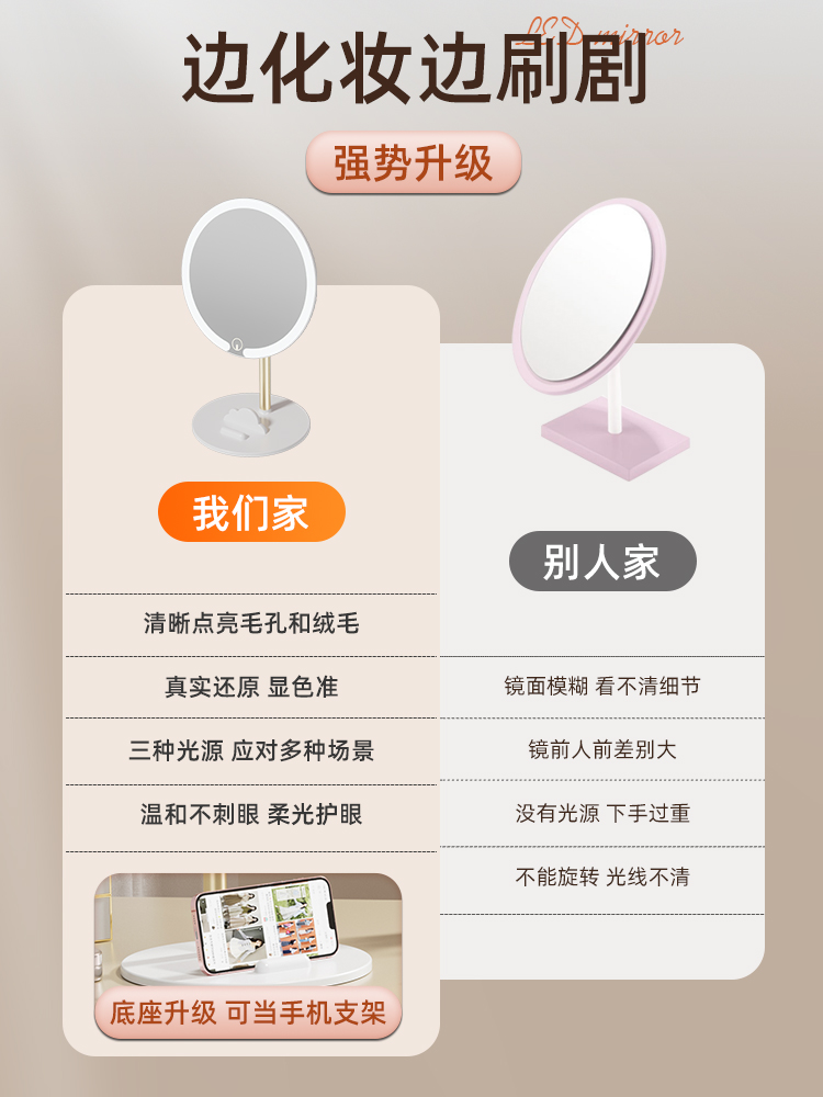 镜子化妆镜桌面台式实用型带灯高级感ins风宿舍桌面便携小型梳妆