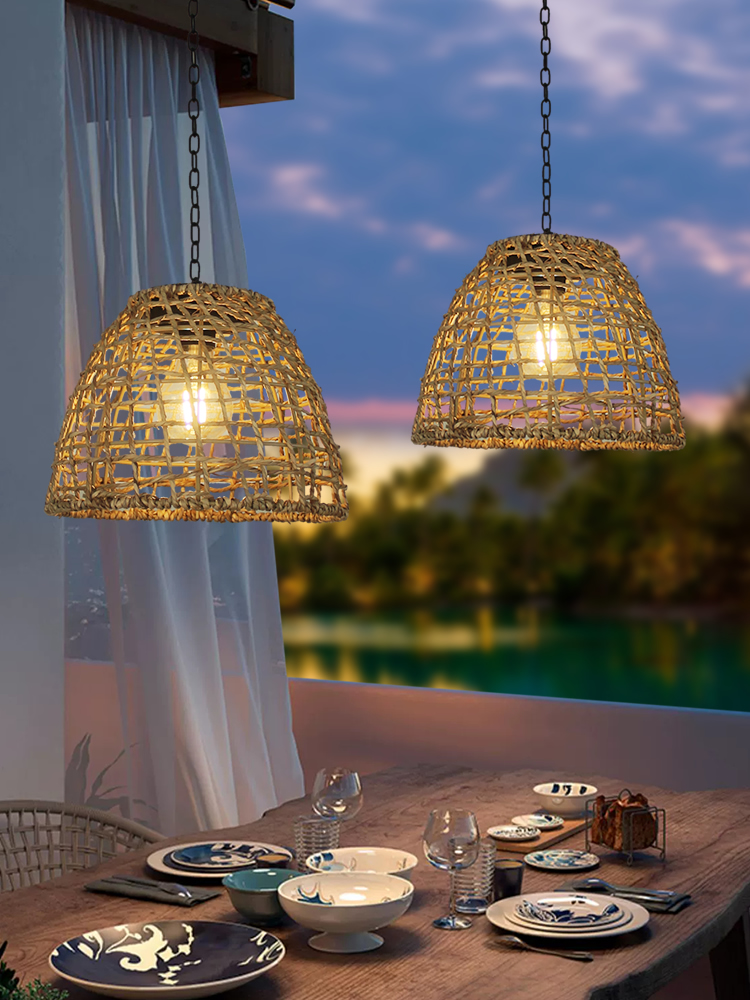 户外太阳能吊灯藤编凉亭院子走廊防水庭院灯中式挂树氛围装饰灯笼