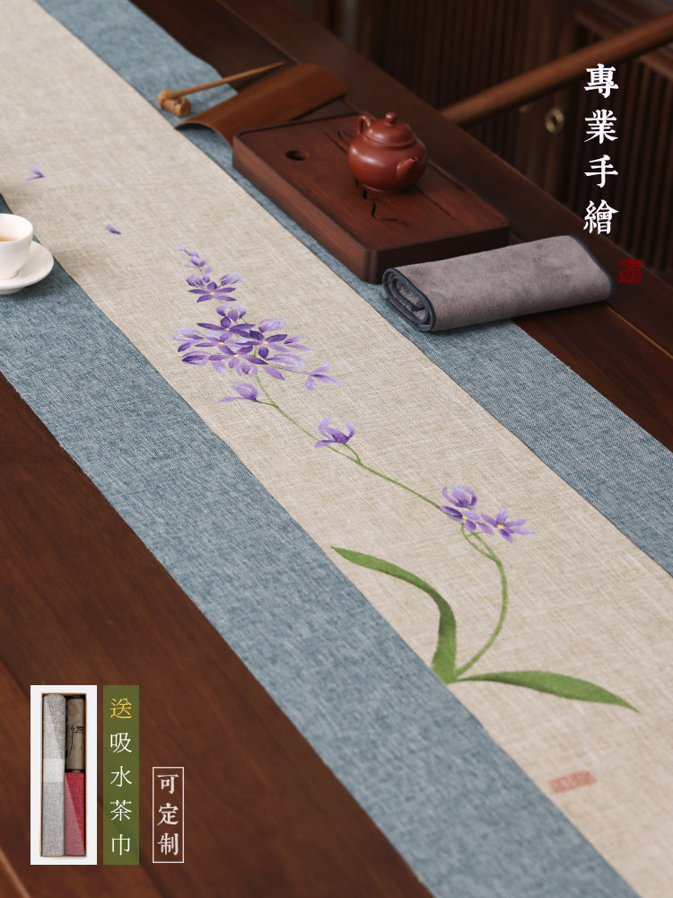 吉佰家手绘防水茶席新中式禅意桌旗茶桌布茶巾茶旗高端茶布干泡台