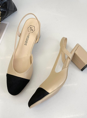 包凉头女高仙女鞋风2024年新款春夏季95871百搭小香风拼色跟鞋粗