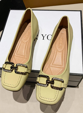 气质年单鞋女2024新款夏季浅口金平属扣瓢鞋底方头网红乐33990福