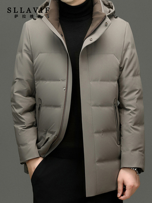 萨拉维夫高档中长款羽绒服男冬季加厚中年商务抗寒保暖白鹅绒外套