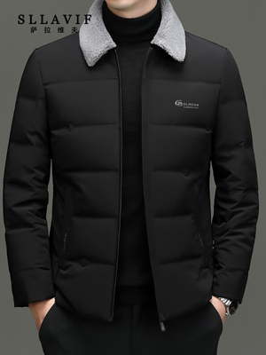 萨拉维夫潮牌黑色轻薄羽绒服男冬季2025新款保暖时尚休闲防风外套