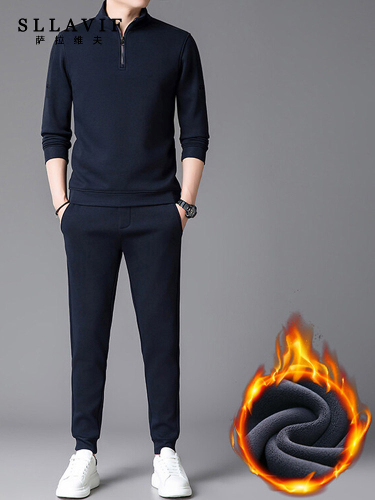 萨拉维夫高端加绒跑步运动套装男冬季中年加厚保暖半拉炼休闲卫衣