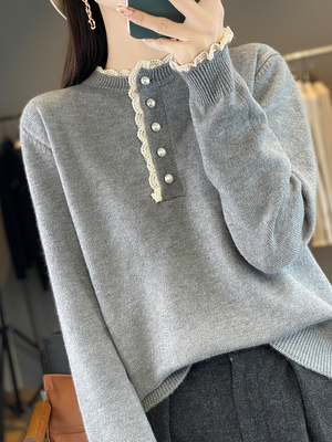 拼接花边蕾丝领针织打底衫女2025新款内搭洋气大码女装秋冬季毛衣