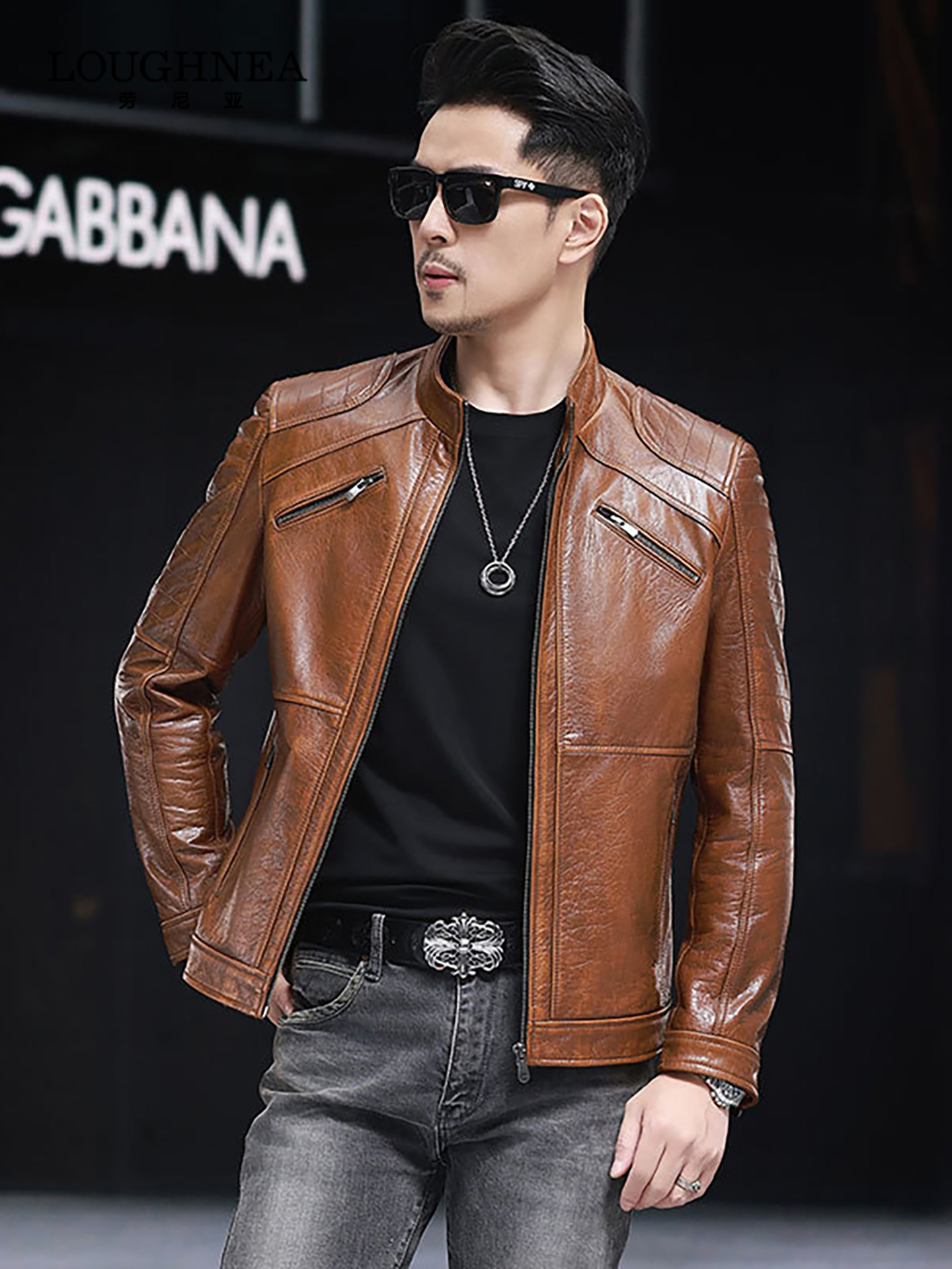 LOUGHNEA轻奢痞帅中年立领真皮皮衣男外套春秋新款时尚复古皮夹克