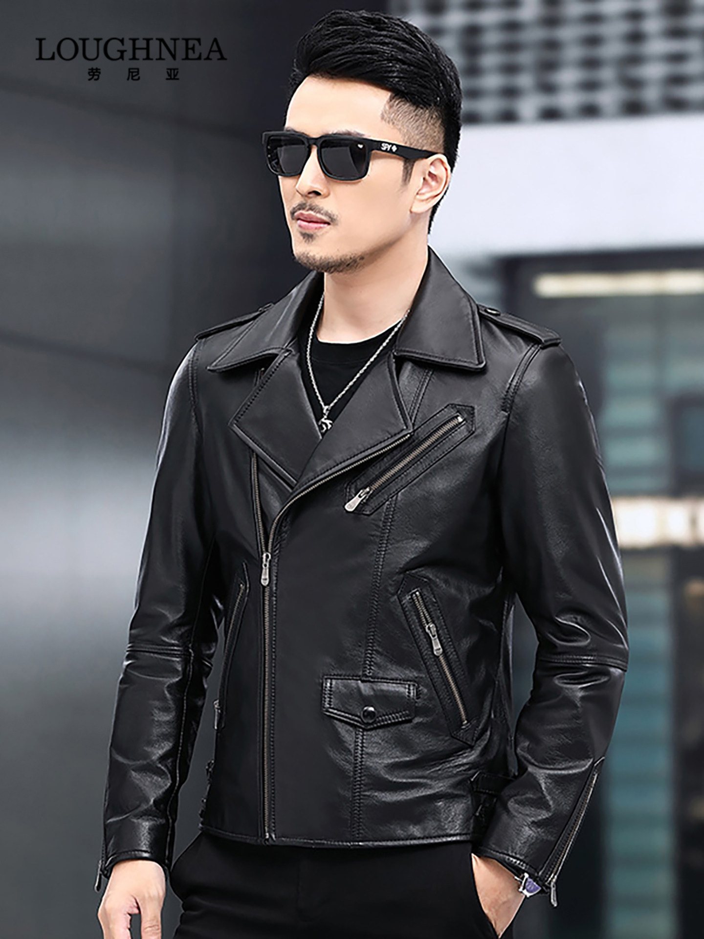 LOUGHNEA正品设计感真皮皮衣外套男短款春秋拉链装饰多口袋皮夹克