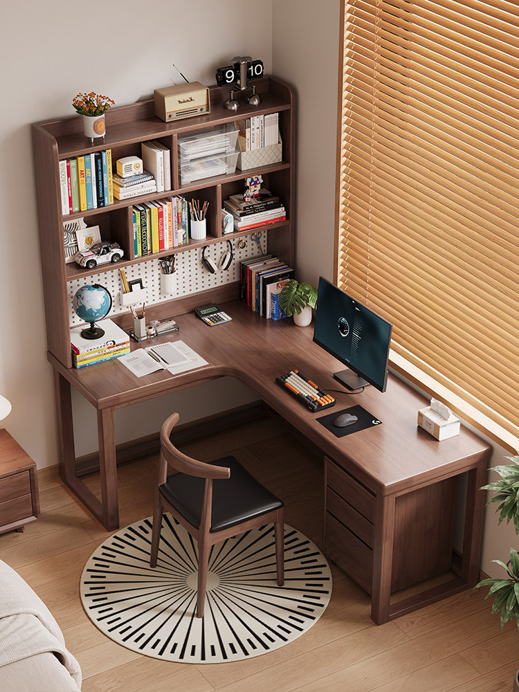 实木转角电脑桌卧室家用L型拐角带洞洞板书桌书架一体学生学习桌