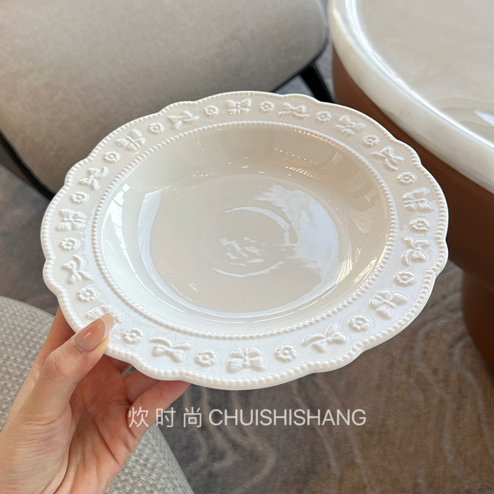 有深度的餐盘！法式公主风蝴蝶结浮雕珠点边陶瓷意面盘子西餐汤盘