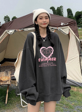 中长款大码加绒卫衣女2024新款秋冬宽松加厚高级感深灰色圆领无帽