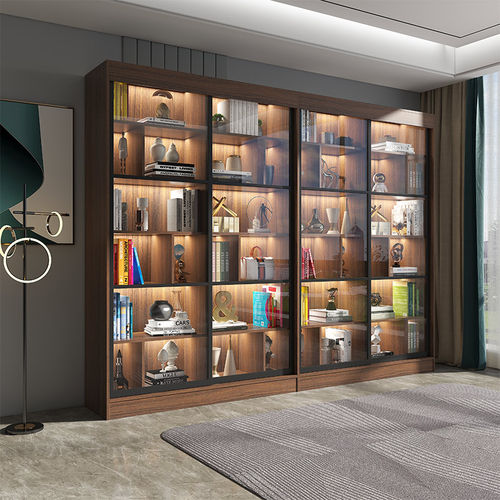 推拉门书柜书架一体靠墙到顶玻璃门中式实木书柜大书橱带灯可定制