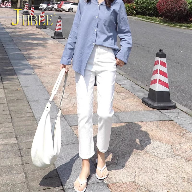 白色烟管直筒牛仔裤女2026四季新款时尚高腰薄款八九分小个子裤子