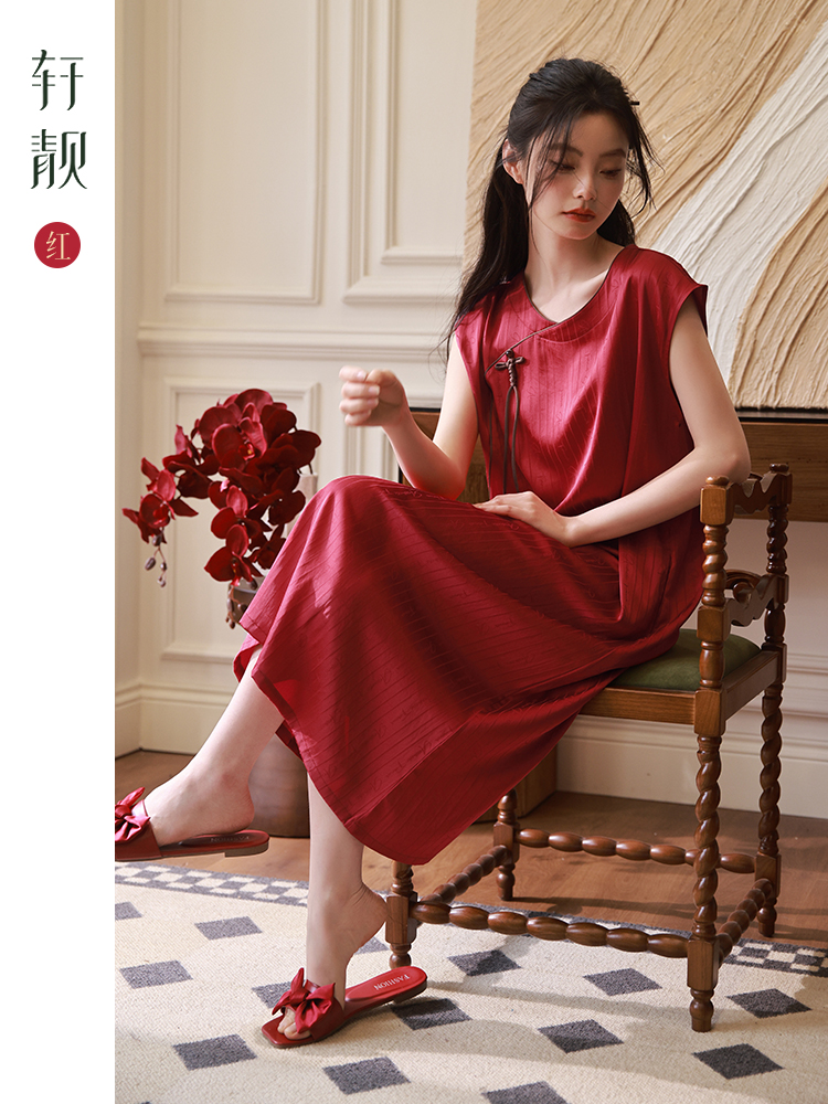 轩靓新中式睡裙女夏季冰丝绸无袖长款睡衣晨袍红色结婚丝质连衣裙