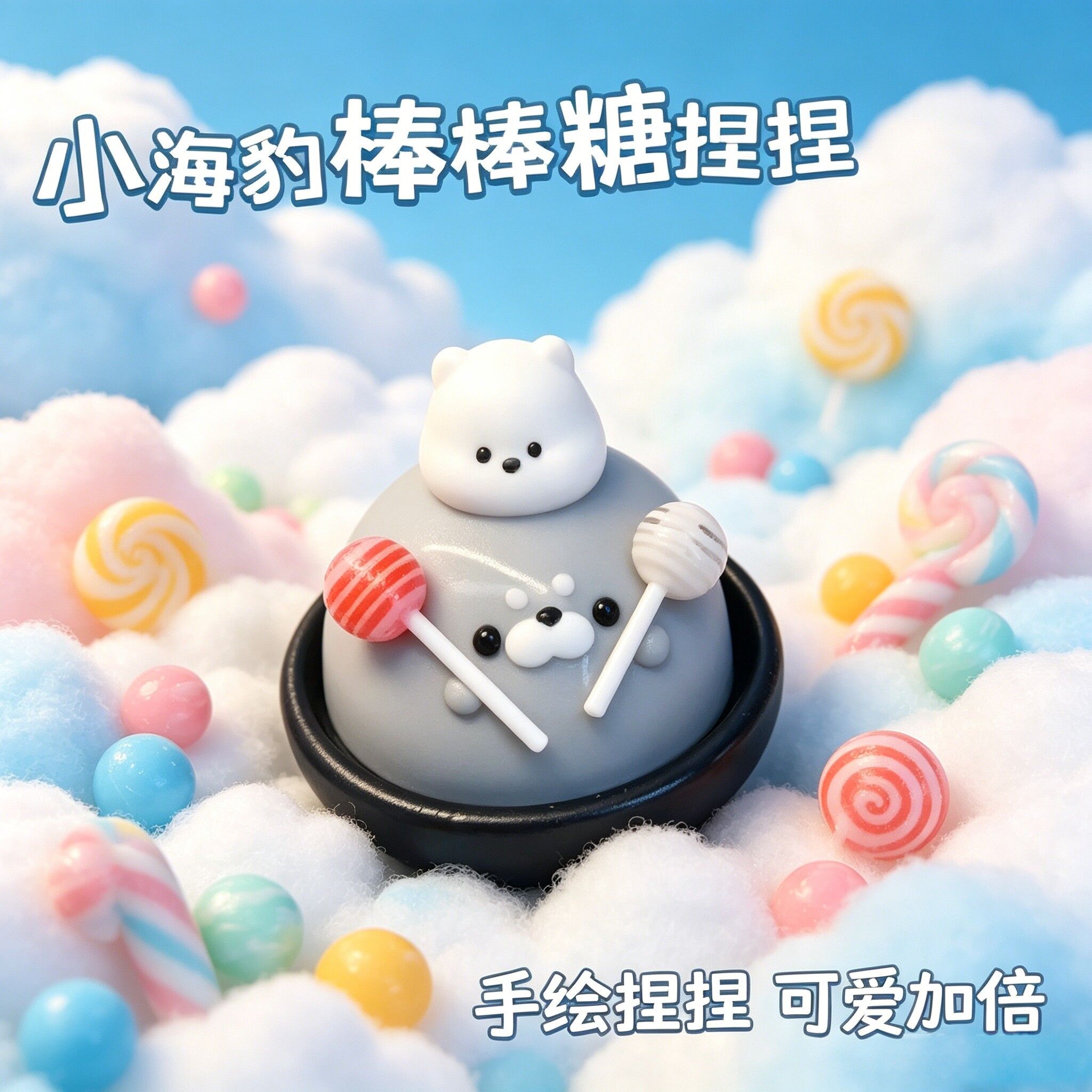 小鼻嘎灰色小海豹捏捏乐超软硅胶解压玩具棒棒糖手绘慢回弹捏捏