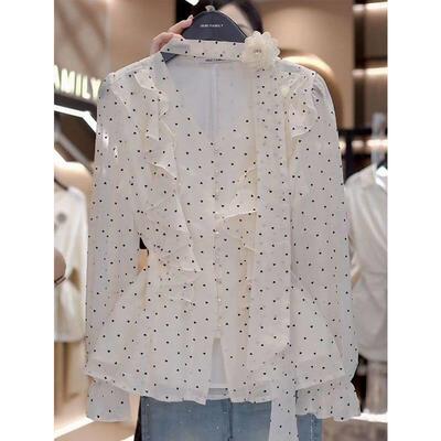 法式飘带波点v领衬衫女长袖春新款掐腰独显瘦上衣洋气雪纺0409k1