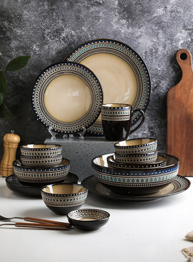 舍里欧式复古碗碟套装家用轻奢碗盘子碗筷组合高档北欧陶瓷餐具