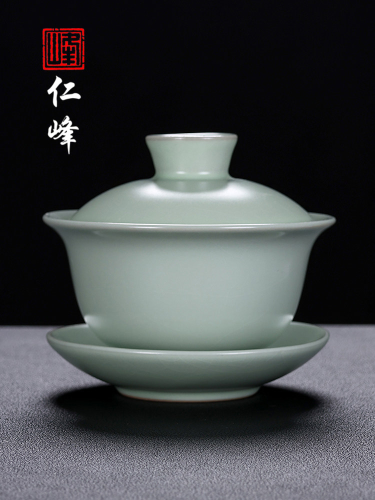 汝窑哥窑三才盖碗带盖泡茶杯单个茶碗功夫茶具大号冰种防烫手抓壶