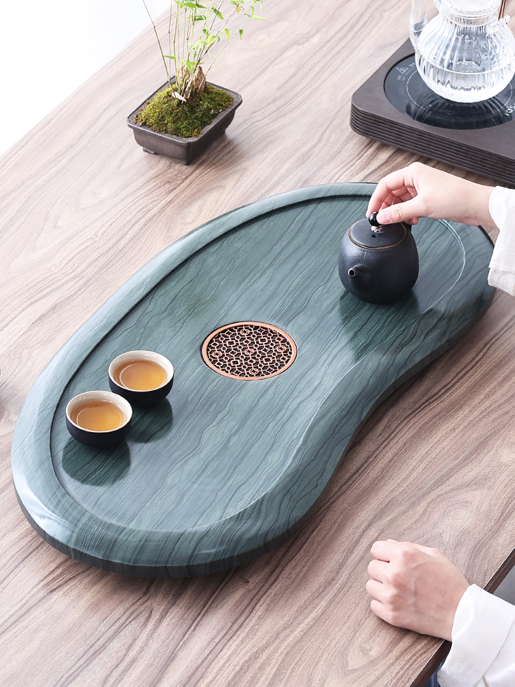 整块天然木纹石茶盘现代圆形中式简约家用办公室茶台乌金石头茶海