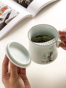影青陶瓷月牙杯过滤茶杯茶水分离泡绿茶杯带盖水杯个人专用办公杯