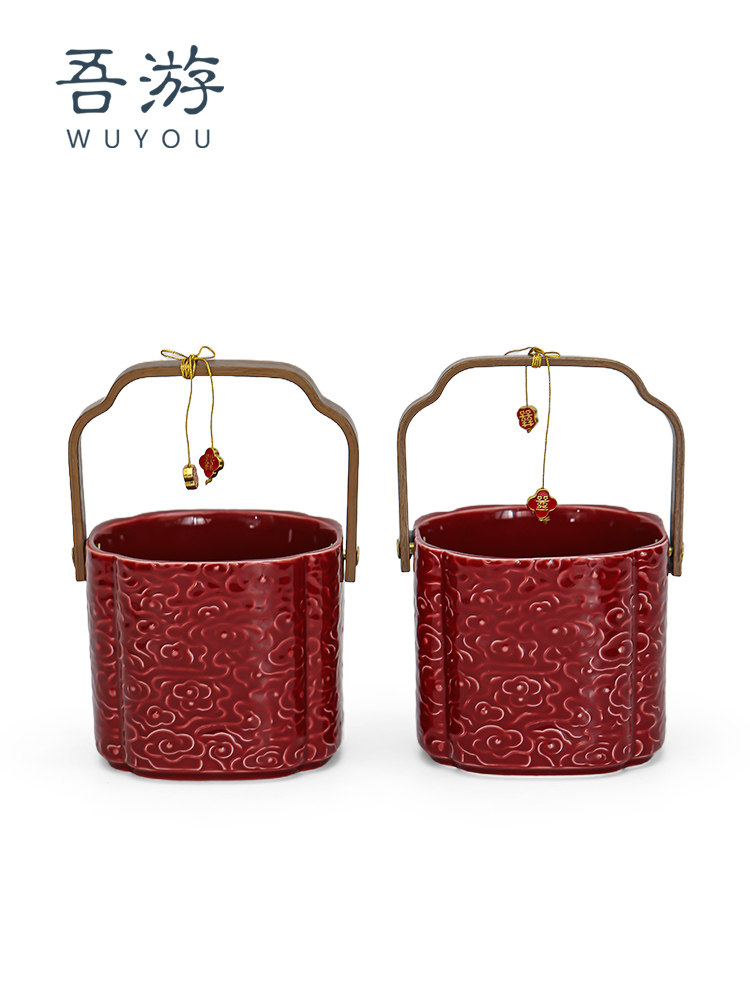 吾游子孙桶一对中式结婚陪嫁套装陶瓷喜事摆件女方红色嫁妆喜桶