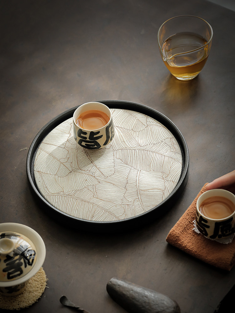 寂艺蕉叶吸水壶承家用圆形创意陶瓷托盘干泡盘粗陶小茶台小型茶盘