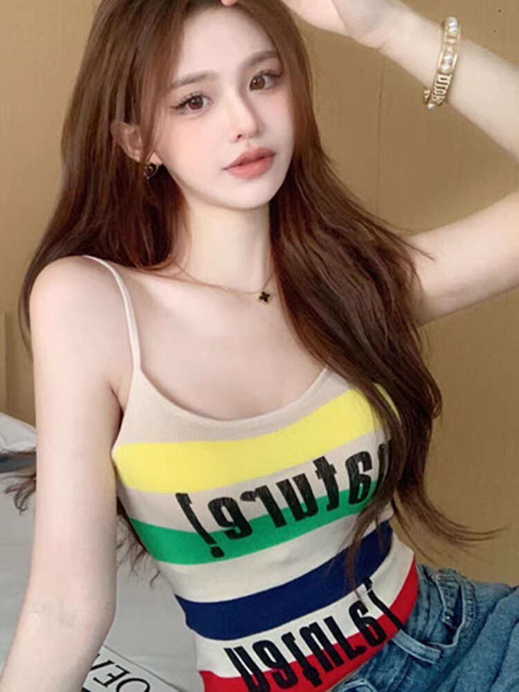 潮牌彩色针织吊带背心女士夏季时尚新款条纹内搭洋气短款打底上衣