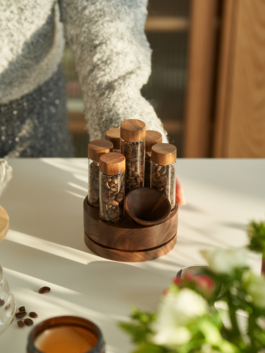 肆月咖啡豆分装试管收纳咖啡密封储物罐胡桃木玻璃展示架闻香瓶