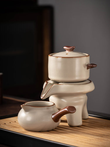 泥徒半自动茶具套装家用汝窑陶瓷懒人泡茶壶石磨旋转出水功夫茶杯