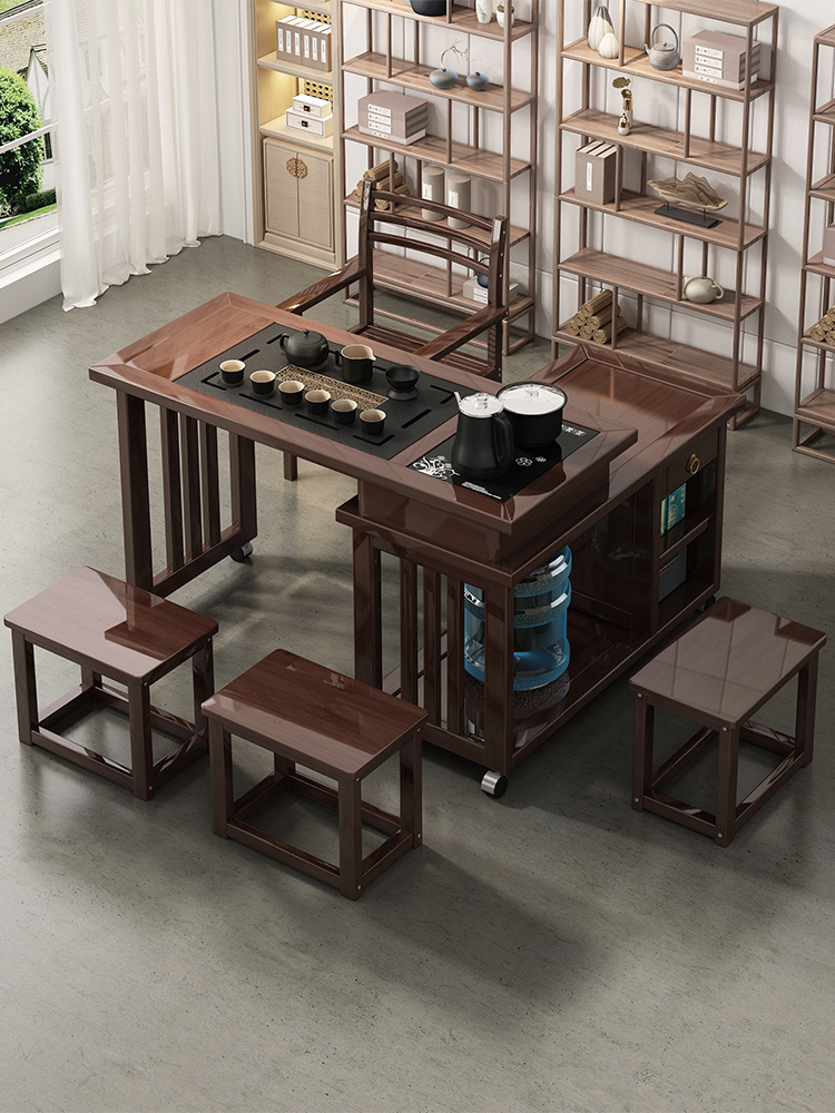 阳台旋转茶桌家用可移动小型茶台多功能茶几套装实木喝茶桌椅组合