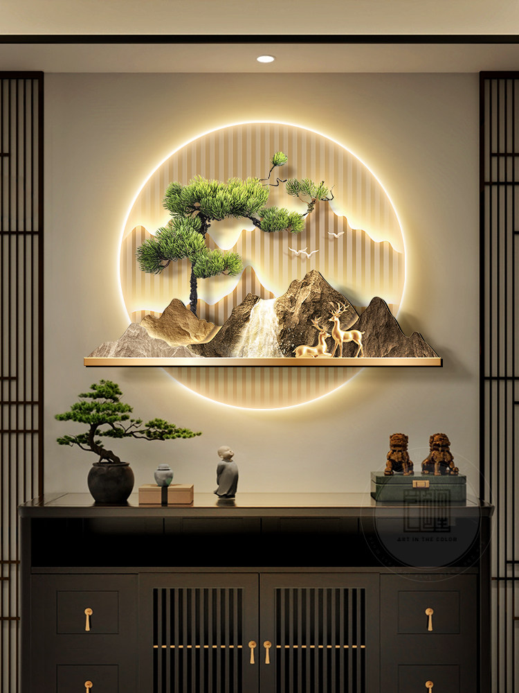 新中式风格的门厅装饰挂画山水迎宾松走廊过道夜光壁画茶室背景布