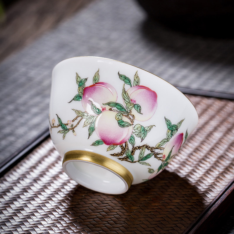 枭窑 景德镇茶具珐琅彩寿桃茶杯单杯主人杯陶瓷功夫茶杯品茗杯