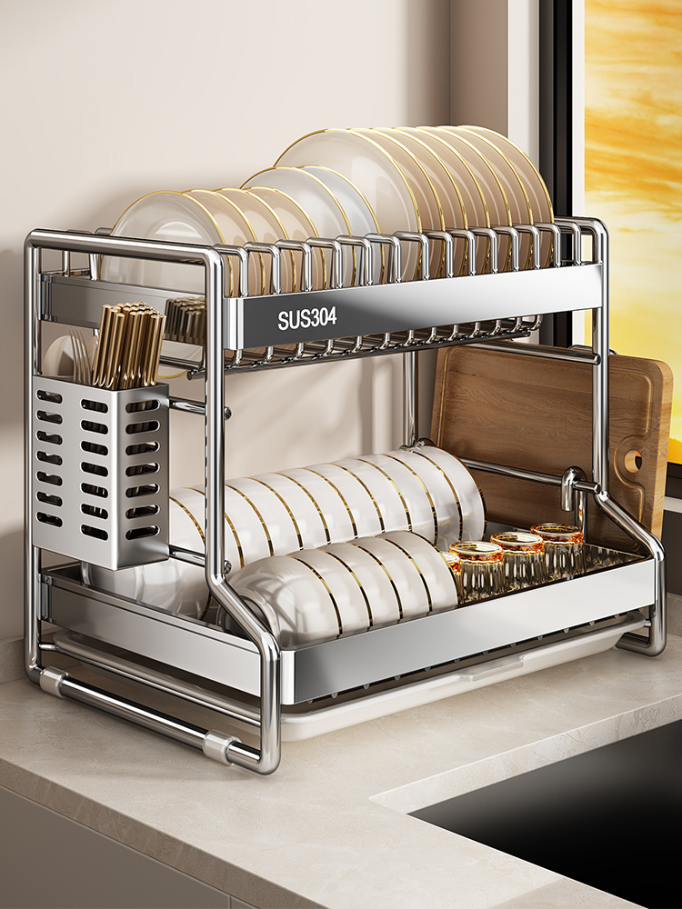 优勤304不锈钢碗碟收纳架厨房多功能置物架碗盘沥水架碗筷收纳盒