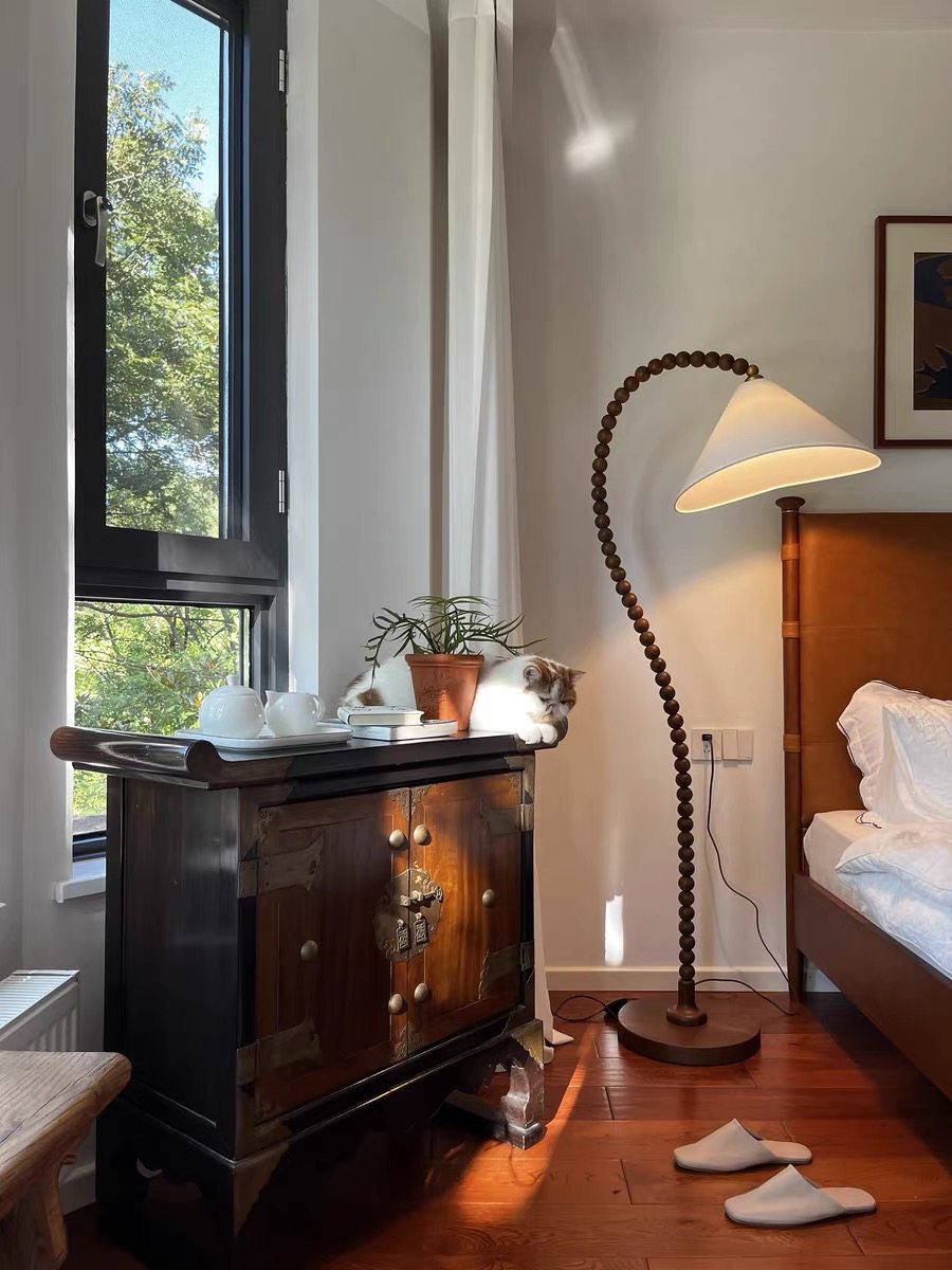 法式中古客厅落地灯中式实木地灯书房复古风民宿钓鱼灯装饰氛围灯