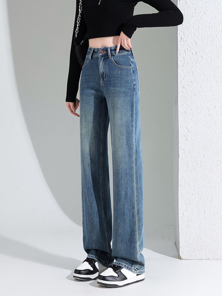 天丝醋酸直筒牛仔裤女2025新款夏季小个子高腰显瘦复古窄版阔腿裤