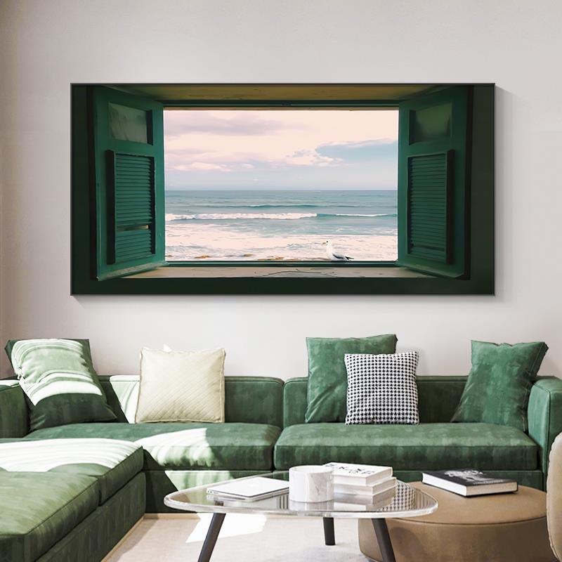 海景窗户客厅装饰画空间延伸横幅沙发背景墙挂画法式中古卧室壁画