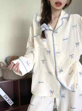 甜美蓝色拼接纱睡衣女款2026新款蝴蝶结长袖家居服春外穿0623r