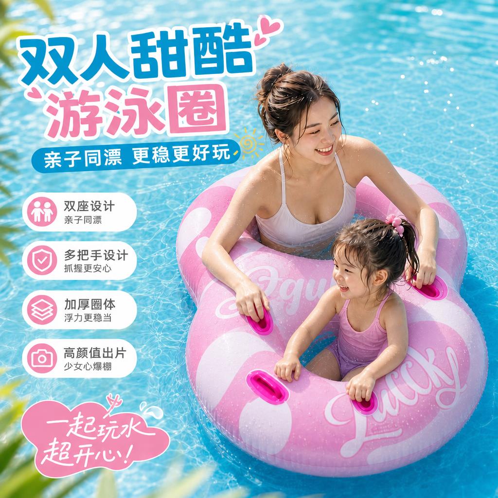 儿童专用游泳圈双人3岁以上泳防侧翻亲子成人加大漂浮神器浮排