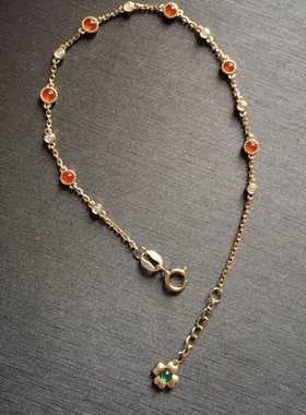 【赏】木易日辰 天然翡翠A货冰橙色芬达蛋面18K金钻石手链