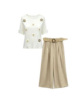 【小四专享】手工花朵短袖T恤加棉麻裤子套装406