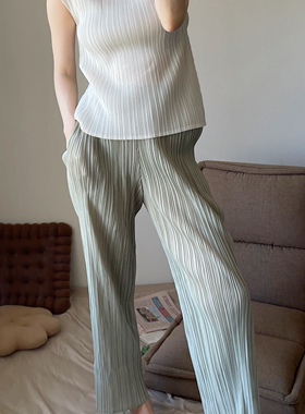 TVTV 鼠尾草绿太绝了！褶皱浅灰绿色直筒长裤休闲裤风琴裤