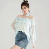 碎花衬衫 一字肩花边喇叭袖 法式 上衣323 小四专享