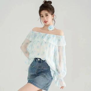 碎花衬衫 一字肩花边喇叭袖 法式 上衣323 小四专享