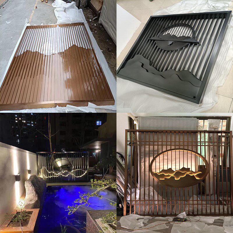 不锈钢屏风新中式假山背景墙庭院子金属格栅酒店通花镂空隔断定i.
