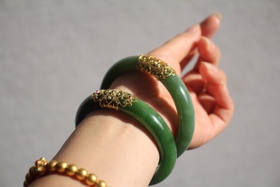 和田玉猫眼手镯金镶玉手镯