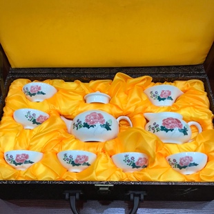 醴陵釉下五彩手绘功夫礼品茶具红芙蓉茶具HH底标中国醴陵皮盒包装