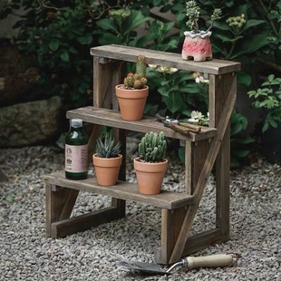 三层梯级小花架实木复古做旧阳台庭院花园盆栽置物架靠墙